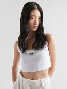 Triangle Logo Ribbed White Cotton Cropped Tank Top